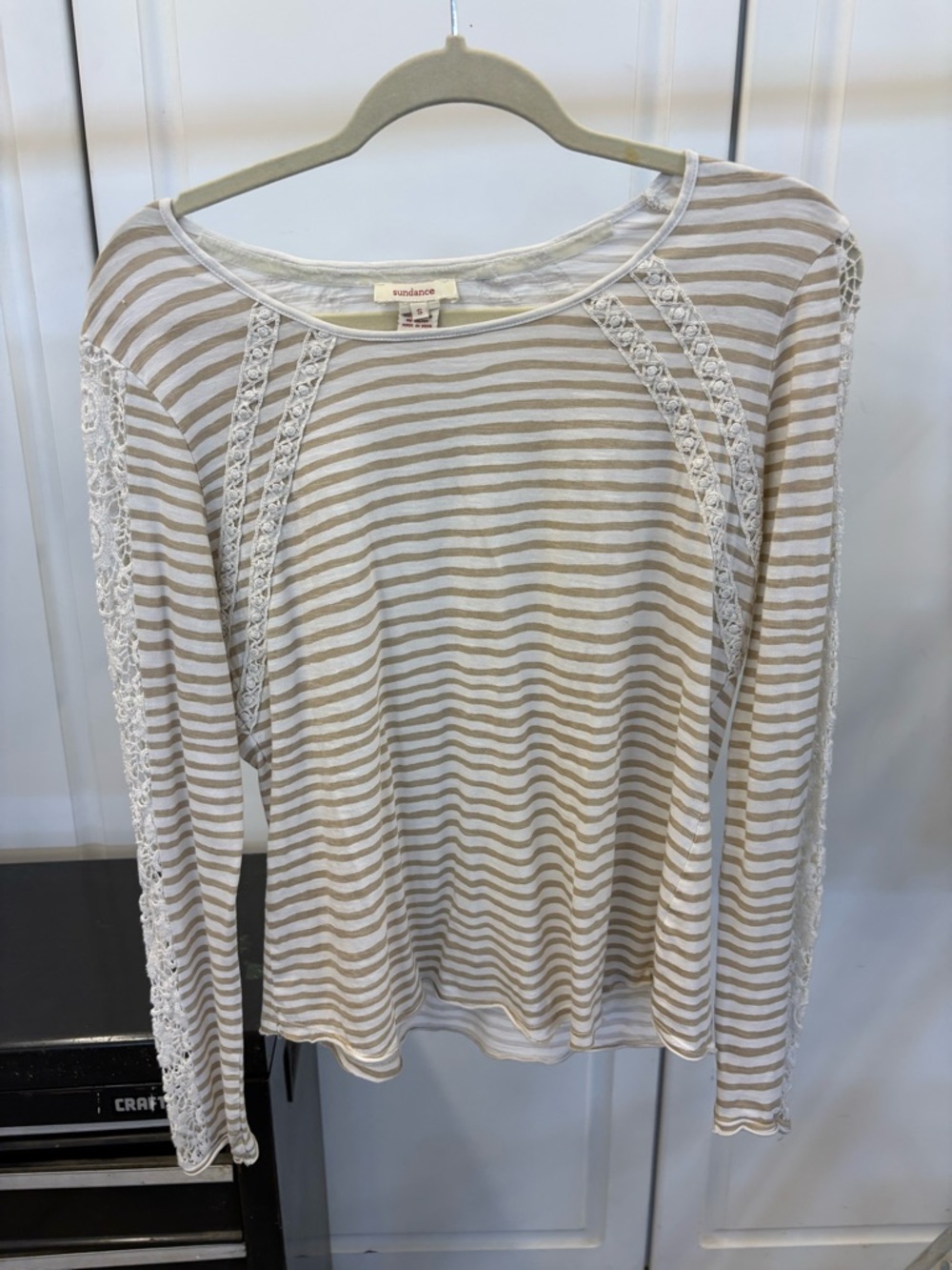 Sundance Beige & White Striped Lace-Inset Long Sleeve Top